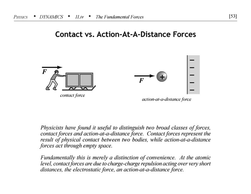 Contact versus action-at-a-distance forces