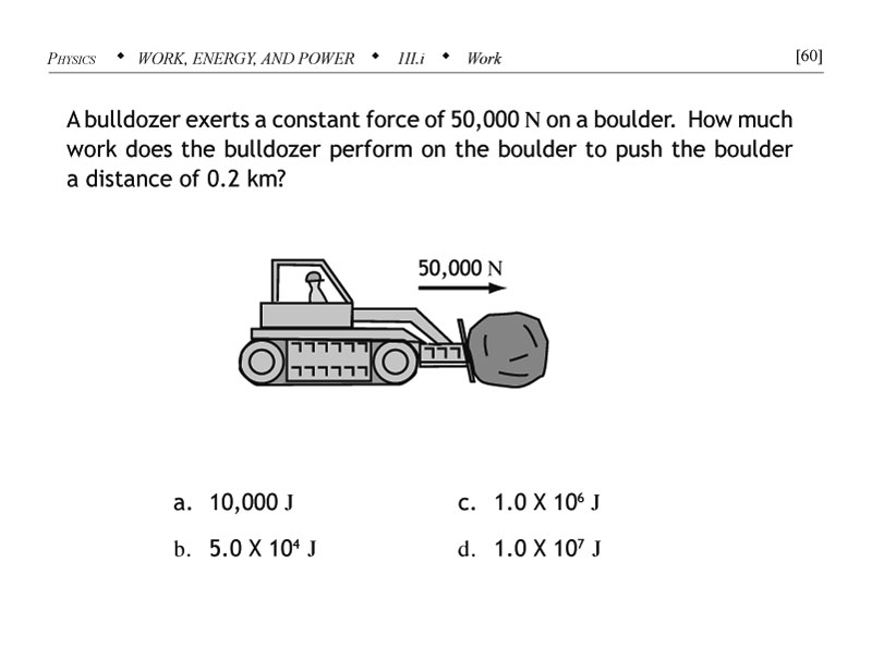 Work and energy problem involving a bulldozer exerting a constant force on a boulder