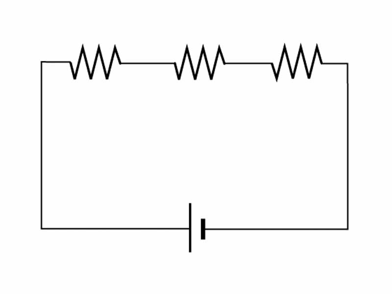 Circuit consisting of a voltage source and three resistors in series