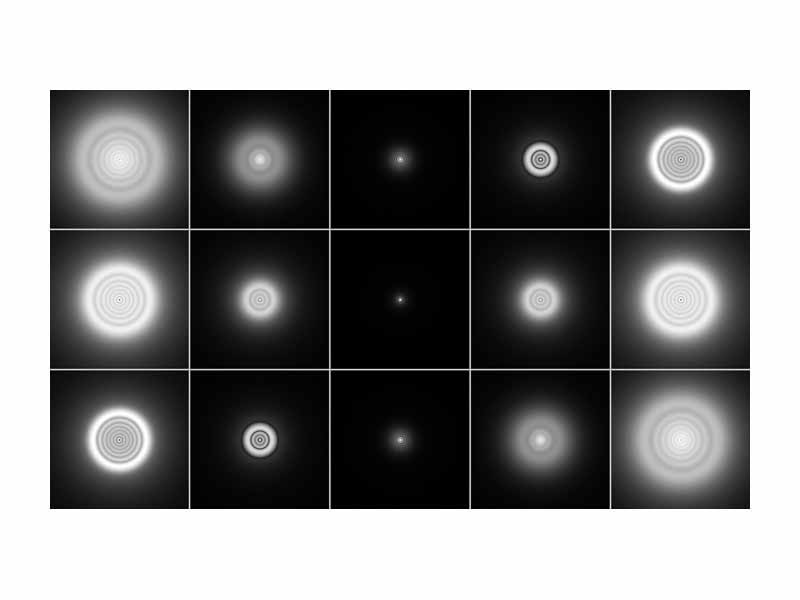 A point source as imaged by a system with negative (top), zero (center), and positive (bottom) spherical aberration. Images to the left are defocused toward the inside, images on the right toward the outside.
