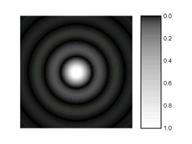 A computer-generated image of an Airy disc. The gray scale intensities have been adjusted to enhance the brightness of the outer rings of the Airy pattern.