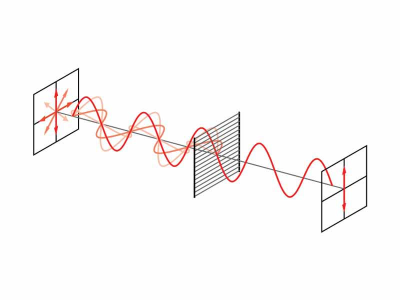 A wire-grid polarizer converts an unpolarized beam into one with a single linear polarization.