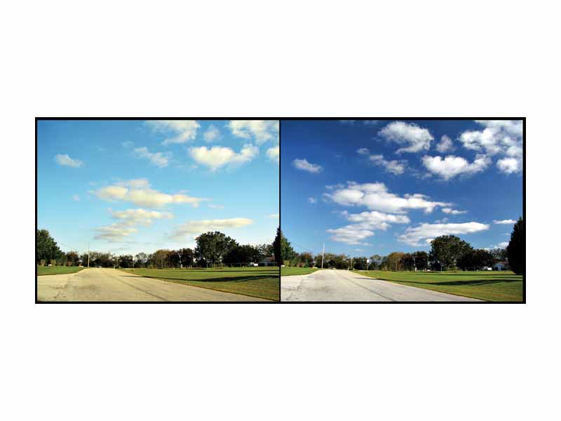 The effects of a polarizing filter on the sky in a color photograph. The picture on the right uses the filter.