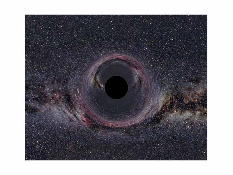 Simulated view of a black hole in front of the Milky Way. The hole has 10 solar masses and is viewed from a distance of 600 km. An acceleration of about 400 million g is necessary to sustain this distance constantly.
