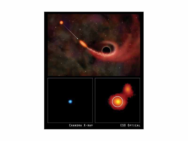 Top: artist's conception of a supermassive black hole drawing material from a nearby star. Bottom: images believed to show a supermassive black hole devouring a star in galaxy RXJ 1242-11. Left: X-ray image, Right: optical image.