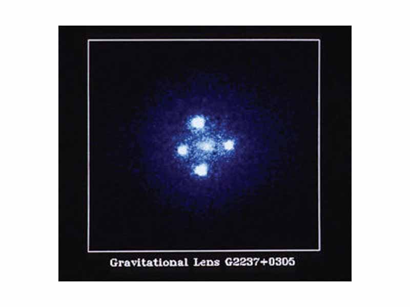 Einstein cross: four images of the same astronomical object, produced by a gravitational lens