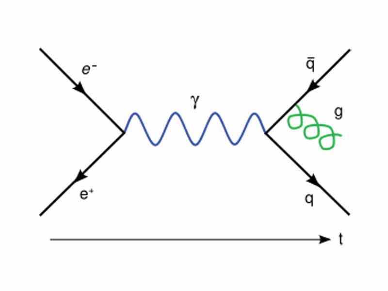 In this Feynman diagram, an electron and positron annihilate producing a virtual photon that becomes a quark-antiquark pair. Then one radiates a gluon. (Time goes left to right, and one space dimension runs from top to bottom.)