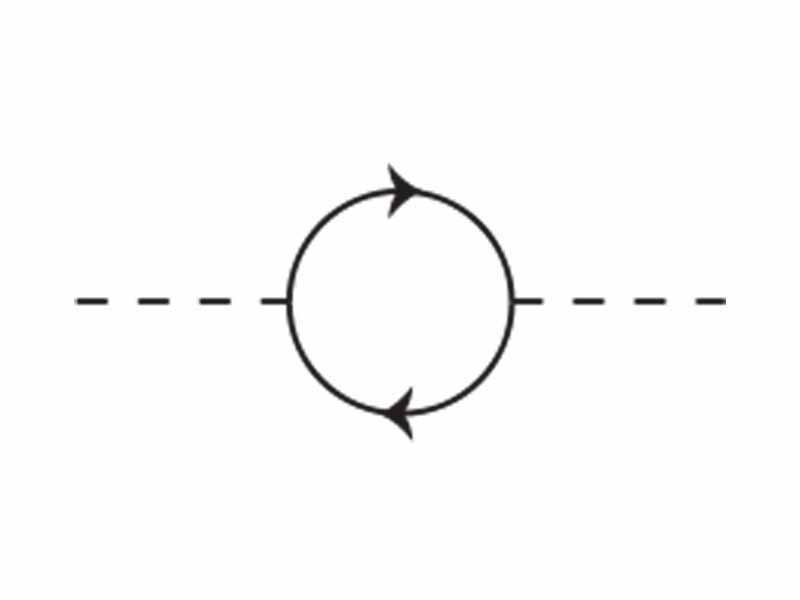A one-loop Feynman diagram of the first-order correction to the Higgs mass. The Higgs boson couples strongly to the top quark so it may decay into top anti-top quark pairs.