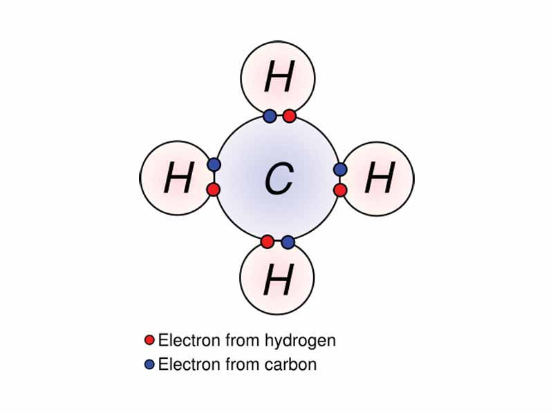 Covalently bonded hydrogen and carbon in a w:molecule of methane.