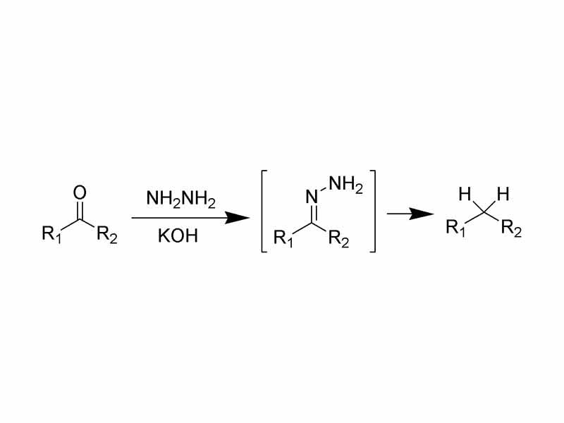 Reaction scheme of the Wolff-Kishner reduction.
