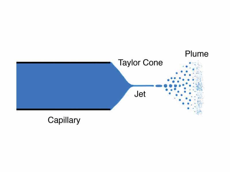 Electrospray diagram depicting the Taylor cone, jet and plume