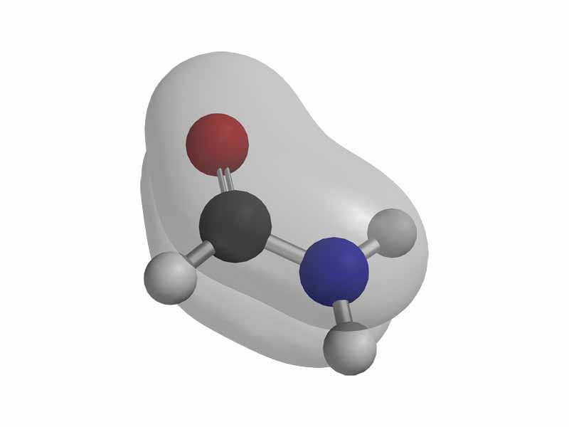 Amides possess a conjugated system spread over the O, C and N atoms, consisting of molecular orbitals occupied by delocalized electrons. One of the ? molecular orbitals in formamide is shown above.